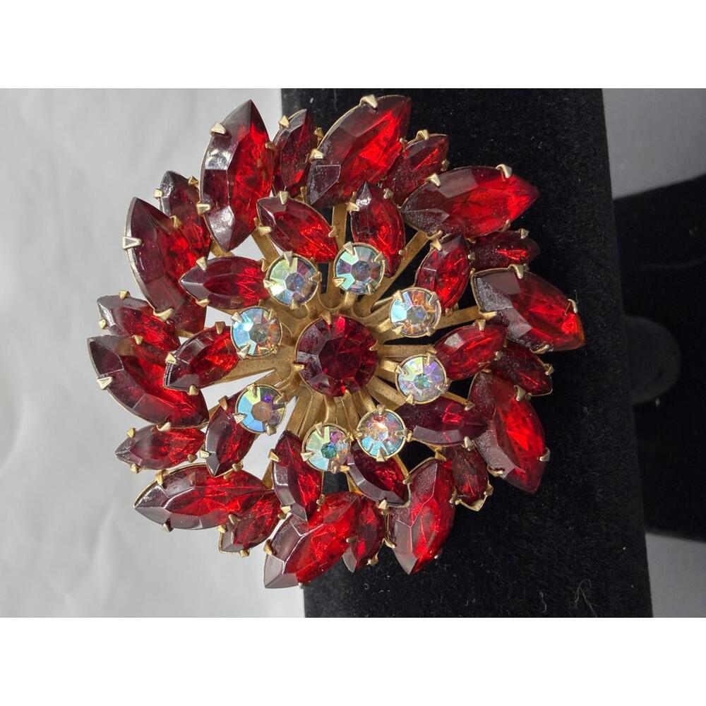 Vintage Red Rhinestone Floral Brooch Pin